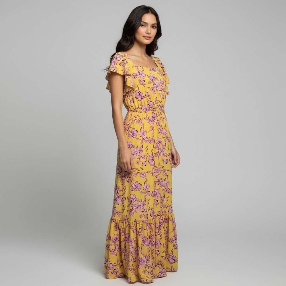 Sachin & Babi Yellow Floral Flutter Sleeve Tie Back Maxi Dress Size 6 T01D53R